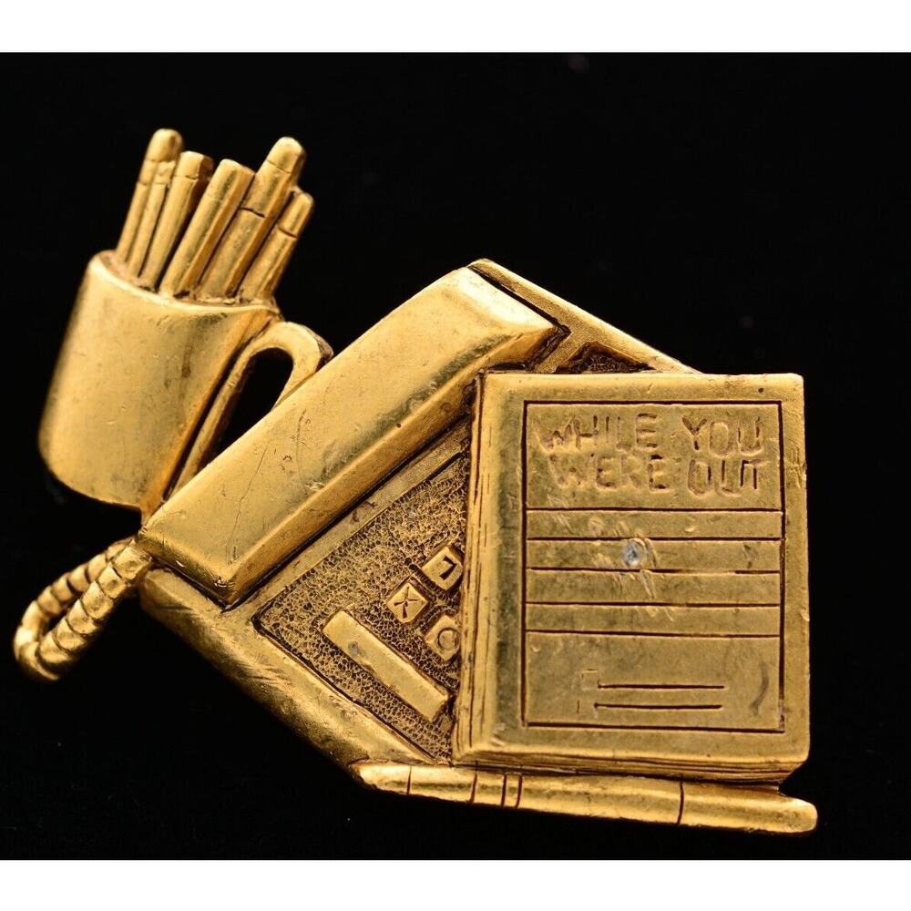 Danecraft Vintage Work Desk Pin Brooch Office Antiqued Gold Heavy Signed BinA15